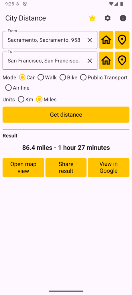 Driving distance calculator between cities on Android. Result in miles between Sacramento and San Francisco Driving distance calculator between cities on Android. Result in miles between Sacramento and San Francisco