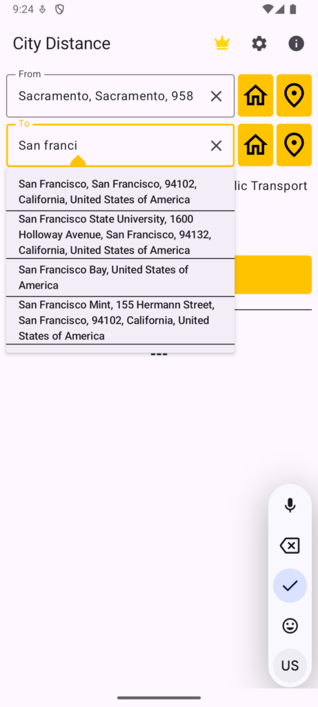 Driving distance calculator between cities on Android. Input with autocomplete address suggestions Driving distance calculator between cities on Android. Input with autocomplete address suggestions