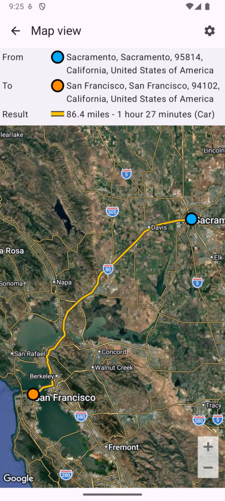 Driving distance calculator between cities on Android. Map showing the route Driving distance calculator between cities on Android. Map showing the route